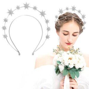 Silver Star Goddess Halo Crown Headband Crystal Rhinestone for Women Girls Hair